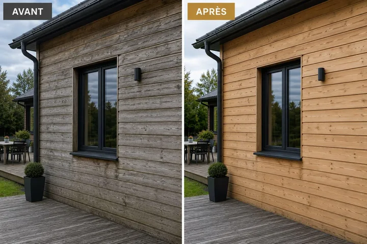 Illustration avant/après d’un bardage extérieur, grisé à gauche et de teinte naturelle à droite