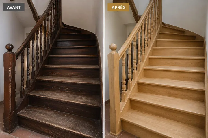 Illustration avant/après d’un escalier, finition foncée et usée à gauche, bois clair à droite