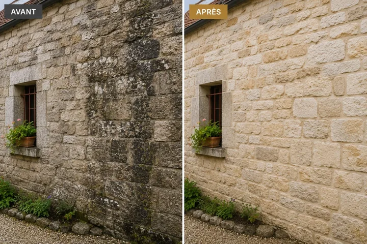 Illustration avant/après d’une façade en pierre, noircie et encrassée à gauche, claire à droite