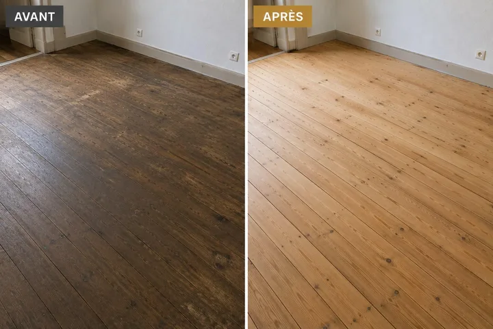 Illustration avant/après d’un plancher en bois, sombre et usé à gauche, clair à droite
