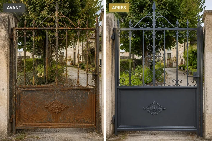 Illustration avant/après d’un portillon en fer, rouillé à gauche et peint en gris foncé à droite