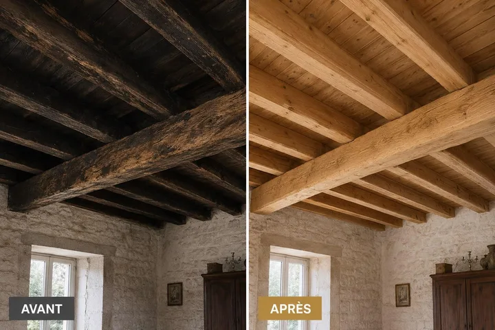 Illustration avant/après de poutres et d’un plafond en bois, très foncés à gauche et clairs à droite