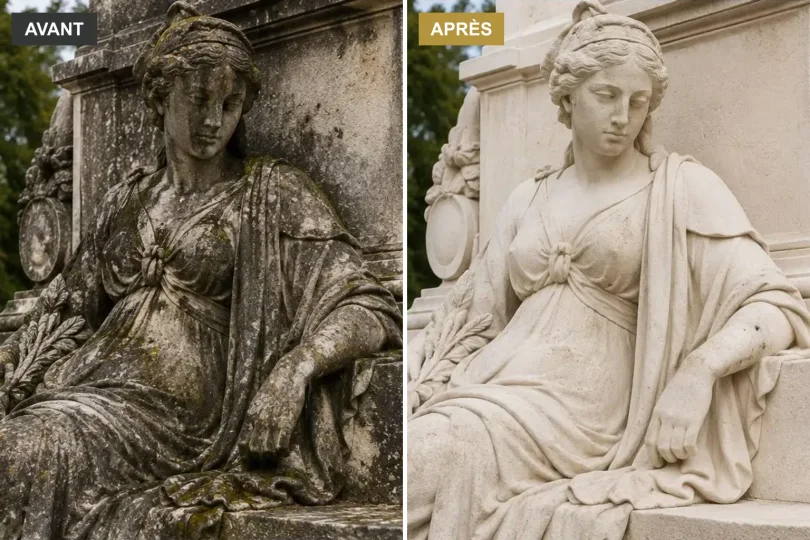 Illustration avant/après d’une sculpture en pierre, couverte de dépôts à gauche et claire à droite
