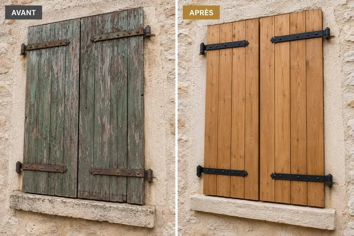 Illustration avant/après de volets en bois, peinture écaillée à gauche et bois clair à droite